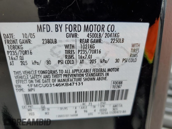 2006 Ford Escape XLT z VIN 1FMCU03146KB47131, wystawiony jako Copart lot #56731215 z przebiegiem 230 520 mil mil oraz Szkoda całkowita • Salvage title. Historia ofert i sprzedaży dostępna na DreamBid. Obrazek 13.