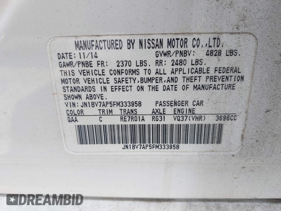 2015 Infiniti Q50 Premium z VIN JN1BV7AP5FM333958, wystawiony jako IAAI lot #42351044 z przebiegiem 158 428 mil mil oraz . Historia ofert i sprzedaży dostępna na DreamBid. Obrazek 9.