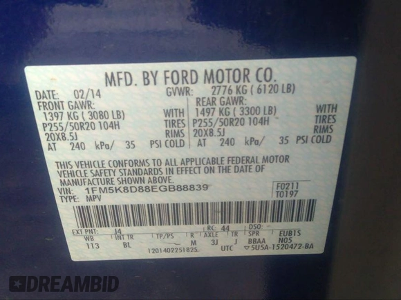 2014 Ford Explorer XLT z VIN 1FM5K8D88EGB88839, wystawiony jako IAAI lot #37592068 z przebiegiem 131 mil mil oraz . Historia ofert i sprzedaży dostępna na DreamBid. Obrazek 9.