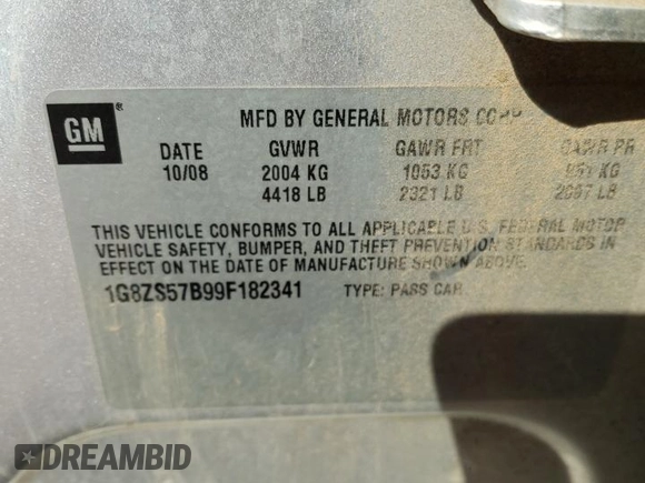 2009 Saturn Aura XE with VIN 1G8ZS57B99F182341, listed as a Copart auction lot 51258495 with 117,670 mi miles and Salvage Title. Bid and sale history available at DreamBid. Image 12.