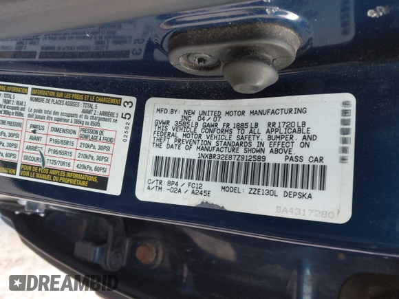 2007 Toyota Corolla CE with VIN 1NXBR32E87Z912589, listed as a IAAI auction lot 41868838 with 156,897 mi miles and . Bid and sale history available at DreamBid. Image 9.