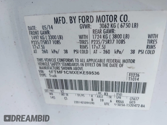2014 Ford F-150 XL z VIN 1FTMF1CMXEKE59536, wystawiony jako IAAI lot #42515867 z przebiegiem 134 845 mil mil oraz . Historia ofert i sprzedaży dostępna na DreamBid. Obrazek 9.