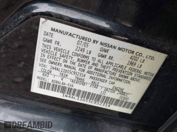 2005 Nissan Altima 2.5 z VIN 1N4AL11D55C952314, wystawiony jako IAAI lot #42261173 z przebiegiem Nie podano mil oraz . Historia ofert i sprzedaży dostępna na DreamBid. Obrazek 9.