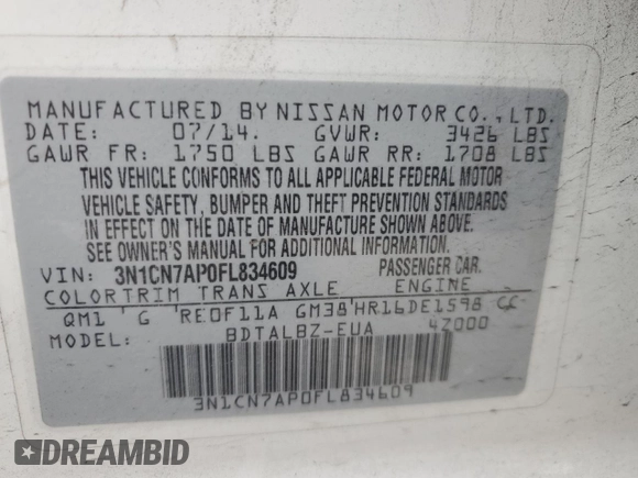 2015 Nissan Versa SV z VIN 3N1CN7AP0FL834609, wystawiony jako Copart lot #55359315 z przebiegiem 112 408 mil mil oraz Szkoda całkowita • Salvage title. Historia ofert i sprzedaży dostępna na DreamBid. Obrazek 12.