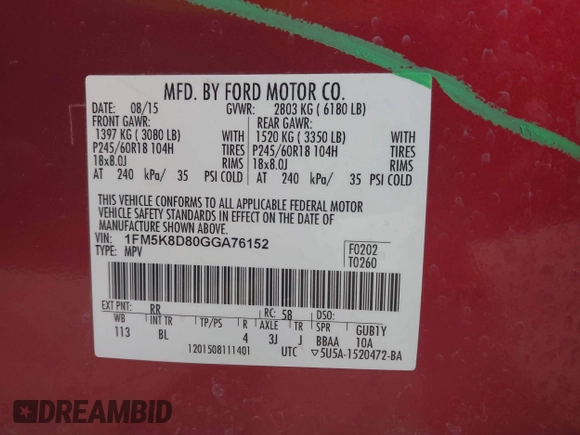 2016 Ford Explorer XLT with VIN 1FM5K8D80GGA76152, listed as a IAAI auction lot 42011530 with 109,629 mi miles and . Bid and sale history available at DreamBid. Image 9.