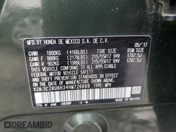 2017 Honda HR-V LX with VIN 3CZRU6H34HM726668, listed as a Copart auction lot 73099904 with 191,067 mi miles and Salvage Title. Bid and sale history available at carsss.com. Image 13.