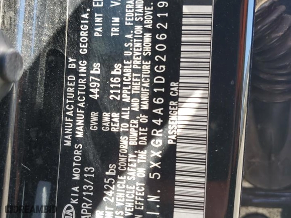2013 Kia Optima SX w/Limited Pkg with VIN 5XXGR4A61DG206219, listed as a Copart auction lot 66619124 with 40,065 mi miles and Clean Title. Bid and sale history available at carsss.com. Image 12.