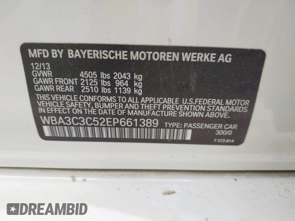 2014 BMW 3 Series 320i xDrive with VIN WBA3C3C52EP661389, listed as a IAAI auction lot 42160042 with 131,997 mi miles and . Bid and sale history available at DreamBid. Image 9.