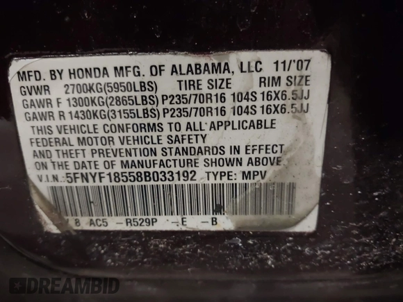 2008 Honda Pilot EX-L with VIN 5FNYF18558B033192, listed as a IAAI auction lot 41378869 with 186,709 mi miles. Bid and sale history available at carsss.com. Image 9.