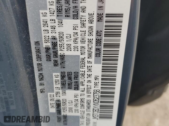2022 Mazda CX-9 Grand Touring with VIN JM3TCBDYXN0623768, listed as a Copart auction lot 56420775 with 55,192 mi miles and Salvage title. Bid and sale history available at DreamBid. Image 13.