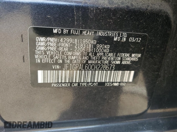 2012 Subaru Impreza Special Sports Premium z VIN JF1GPAL60CH228673, wystawiony jako Copart lot #54726915 z przebiegiem 130 820 mil mil oraz Szkoda całkowita • Salvage title. Historia ofert i sprzedaży dostępna na DreamBid. Obrazek 12.
