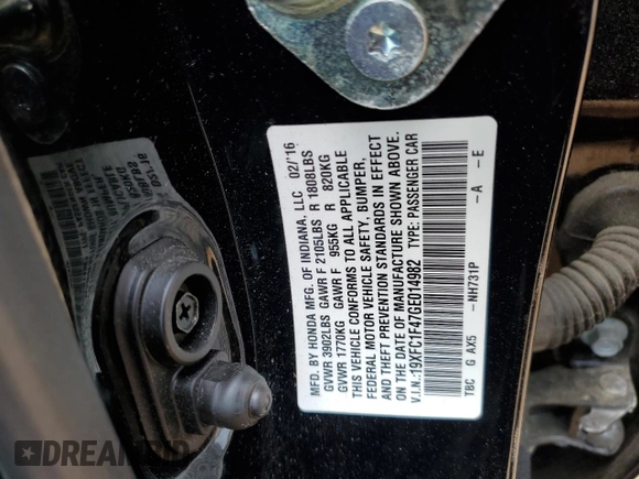 2016 Honda Civic EX-T with VIN 19XFC1F47GE014982, listed as a Copart auction lot 59727615 with 78,492 mi miles and Salvage title. Bid and sale history available at DreamBid. Image 12.
