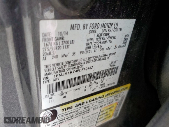 2015 Ford Expedition Max Limited с VIN 1FMJK1KT4FEF10922, выставлен на аукционе Copart как лот 62670145 с пробегом 195 272 миль миль и Чистый • Clean title. История ставок и продаж доступна на DreamBid. Изображение 13.