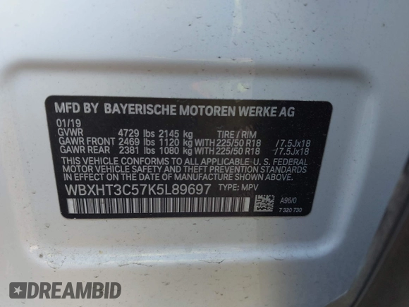 2019 BMW X1 xDrive28i with VIN WBXHT3C57K5L89697, listed as a IAAI auction lot 40729513 with 46,319 mi miles and . Bid and sale history available at DreamBid. Image 9.