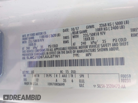 2018 Lincoln MKC Premiere with VIN 5LMCJ1D97JUL07161, listed as a IAAI auction lot 42048564 with 169,177 mi miles and . Bid and sale history available at DreamBid. Image 9.
