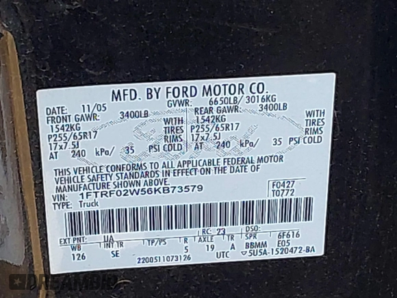 2006 Ford F-150 STX with VIN 1FTRF02W56KB73579, listed as a IAAI auction lot 41621690 with 239,770 mi miles. Bid and sale history available at carsss.com. Image 9.