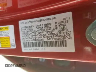2018 Honda Accord Touring z VIN 1HGCV1F94JA030870, wystawiony jako Copart lot #56889535 z przebiegiem 105 226 mil mil oraz Szkoda całkowita • Salvage title. Historia ofert i sprzedaży dostępna na DreamBid. Obrazek 12.
