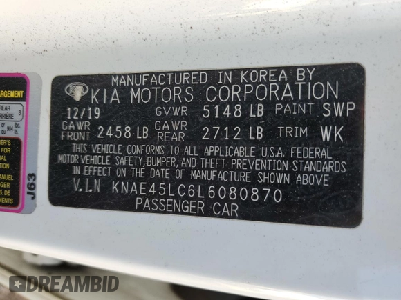 2020 Kia Stinger GT1 with VIN KNAE45LC6L6080870, listed as a Copart auction lot 48713105 with 80,995 mi miles and Salvage Title. Bid and sale history available at DreamBid. Image 13.