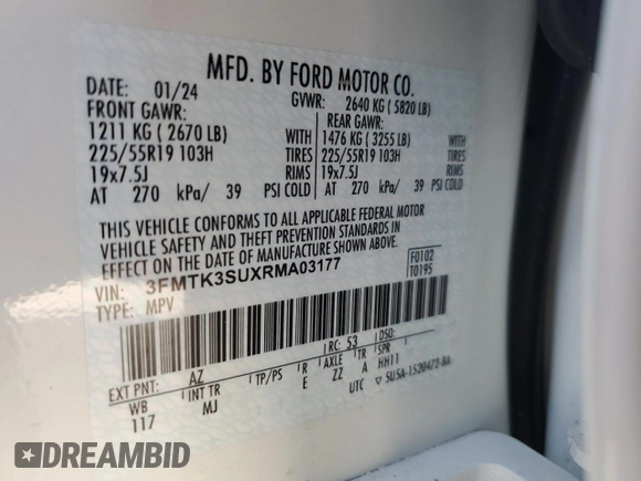 2024 Ford Mustang Mach-E Premium с VIN 3FMTK3SUXRMA03177, выставлен на аукционе Copart как лот 51837465 с пробегом 7 224 миль миль и Списание • Salvage title. История ставок и продаж доступна на DreamBid. Изображение 16.
