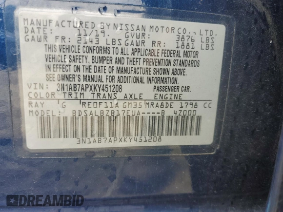 2019 Nissan Sentra SV z VIN 3N1AB7APXKY451208, wystawiony jako Copart lot #50192595 z przebiegiem 79 633 mil mil oraz Szkoda całkowita • Salvage title. Historia ofert i sprzedaży dostępna na DreamBid. Obrazek 12.
