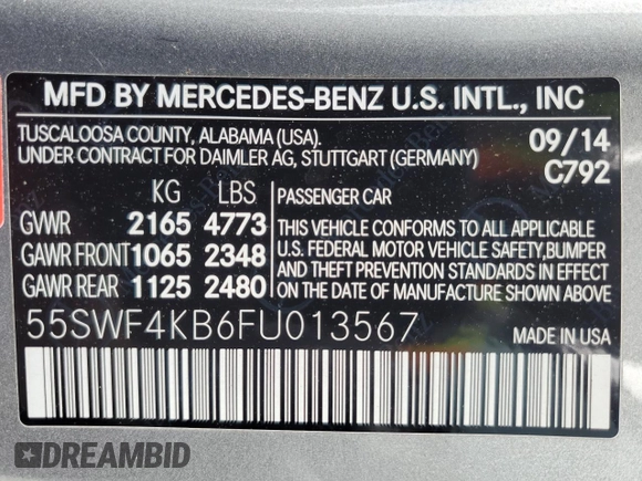 2015 Mercedes-Benz C 300 Luxury with VIN 55SWF4KB6FU013567, listed as a Copart auction lot 60647355 with 61,943 mi miles and Salvage title. Bid and sale history available at DreamBid. Image 12.