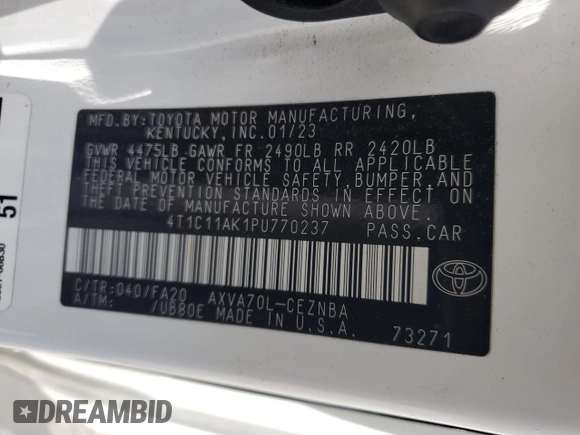 2023 Toyota Camry LE z VIN 4T1C11AK1PU770237, wystawiony jako Copart lot #55590655 z przebiegiem 50 980 mil mil oraz Szkoda całkowita • Salvage title. Historia ofert i sprzedaży dostępna na DreamBid. Obrazek 12.