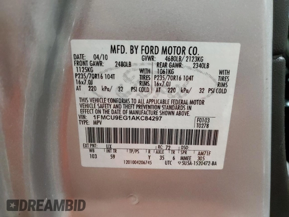2010 Ford Escape Limited с VIN 1FMCU9EG1AKC84297, выставлен на аукционе Copart как лот 56038215 с пробегом 62 504 миль миль и Списание • Salvage title. История ставок и продаж доступна на DreamBid. Изображение 13.