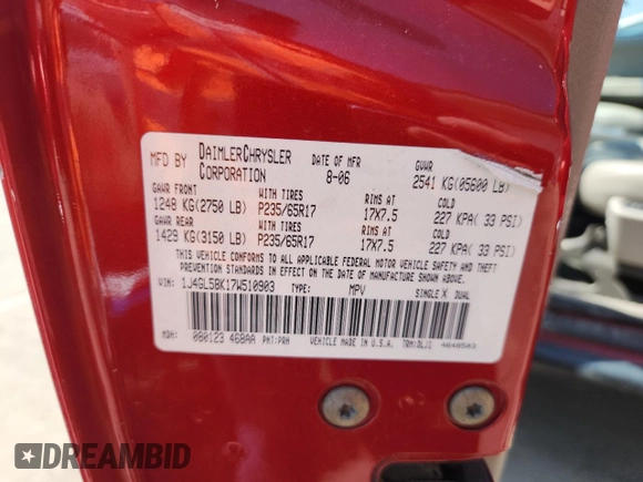 2007 Jeep Liberty Limited with VIN 1J4GL58K17W510903, listed as a Copart auction lot 59344515 with 186,217 mi miles and Salvage title. Bid and sale history available at DreamBid. Image 12.