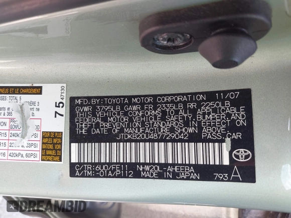 2008 Toyota Prius with VIN JTDKB20U487729042, listed as a IAAI auction lot 42090467 with 262,428 mi miles. Bid and sale history available at carsss.com. Image 9.