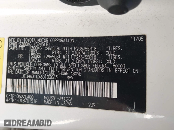 2006 Lexus RX 330 with VIN JTJHA31UX60103063, listed as a IAAI auction lot 42084043 with 144,514 mi miles and . Bid and sale history available at DreamBid. Image 9.