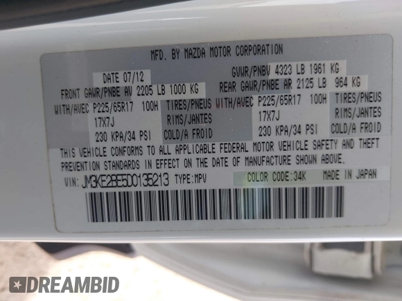 2013 Mazda CX-5 Sport z VIN JM3KE2BE5D0135213, wystawiony jako IAAI lot #42270730 z przebiegiem 140 917 mil mil oraz . Historia ofert i sprzedaży dostępna na DreamBid. Obrazek 9.