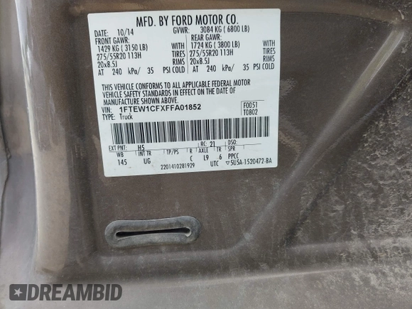 2015 Ford F-150 XL with VIN 1FTEW1CFXFFA01852, listed as a IAAI auction lot 42395926 with 240,514 mi miles and . Bid and sale history available at DreamBid. Image 9.