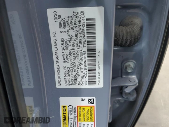 2021 Honda Accord Touring with VIN 1HGCV2F98MA001253, listed as a Copart auction lot 57621125 with 44,809 mi miles and Salvage title. Bid and sale history available at DreamBid. Image 12.