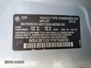 2015 BMW 3 Series 320i with VIN WBA3B1G51FNT64659, listed as a Copart auction lot 51007935 with 99,495 mi miles and Salvage Title. Bid and sale history available at carsss.com. Image 12.