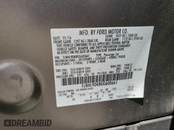 2016 Lincoln MKS z VIN 1LNHL9DK8GG600661, wystawiony jako Copart lot #49648655 z przebiegiem 56 655 mil mil oraz Szkoda całkowita • Salvage title. Historia ofert i sprzedaży dostępna na DreamBid. Obrazek 14.