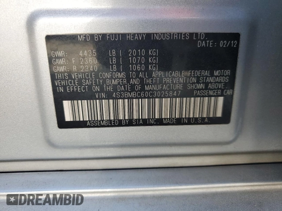 2012 Subaru Legacy Premium with VIN 4S3BMBC60C3025847, listed as a Copart auction lot 61738115 with 125,871 mi miles and Salvage title. Bid and sale history available at DreamBid. Image 13.
