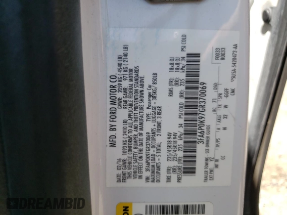 2016 Ford Fusion Titanium with VIN 3FA6P0K97GR370069, listed as a Copart auction lot 54265495 with 153,971 mi miles and Clean Title. Bid and sale history available at carsss.com. Image 12.