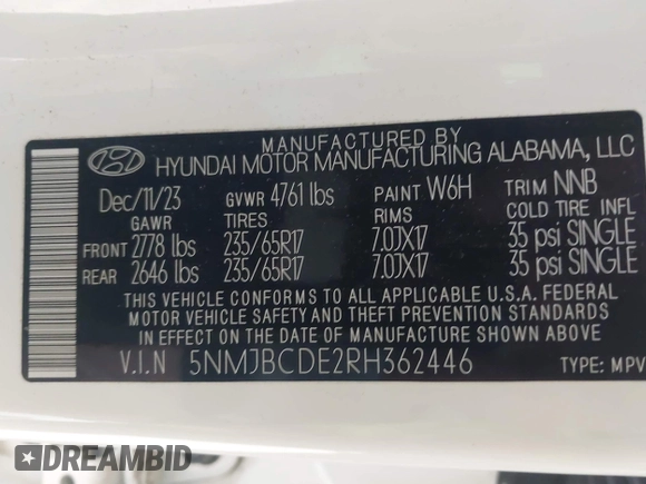 2024 Hyundai Tucson SEL with VIN 5NMJBCDE2RH362446, listed as a IAAI auction lot 42174042 with 34,066 mi miles and . Bid and sale history available at carsss.com. Image 9.
