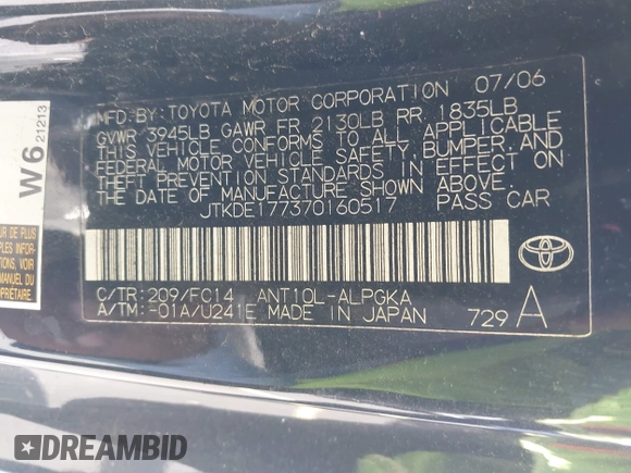 2007 Scion tC Spec with VIN JTKDE177370160517, listed as a IAAI auction lot 42481257 with 168,243 mi miles and . Bid and sale history available at DreamBid. Image 9.