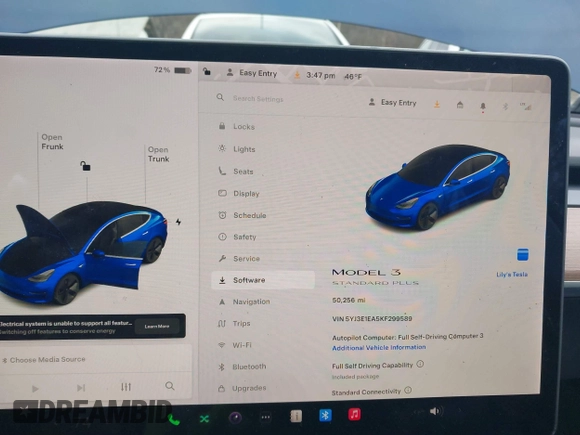 2019 Tesla Model 3 Mid Range with VIN 5YJ3E1EA5KF299589, listed as a IAAI auction lot 41709733 with 50,256 mi miles and . Bid and sale history available at DreamBid. Image 18.