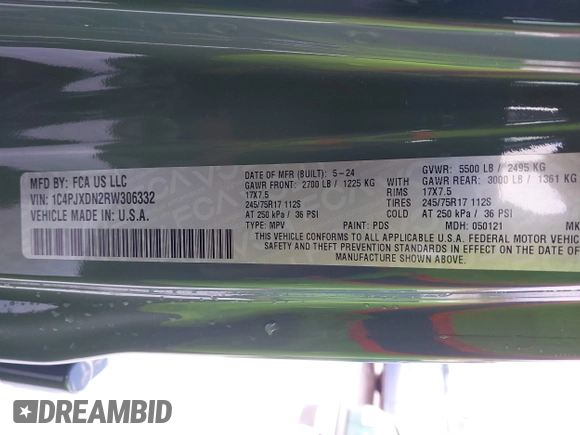 2024 Jeep Wrangler Sport S with VIN 1C4PJXDN2RW306332, listed as a IAAI auction lot 41036573 with 1,785 mi miles and . Bid and sale history available at DreamBid. Image 9.