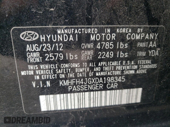 2013 Hyundai Azera with VIN KMHFH4JGXDA198345, listed as a Copart auction lot 58256945 with 102,711 mi miles and Salvage title. Bid and sale history available at DreamBid. Image 12.