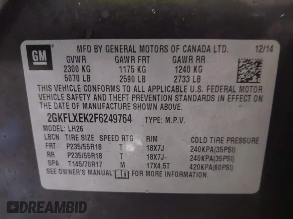 2015 GMC Terrain SLT with VIN 2GKFLXEK2F6249764, listed as a IAAI auction lot 41621623 with 146,656 mi miles and . Bid and sale history available at carsss.com. Image 9.