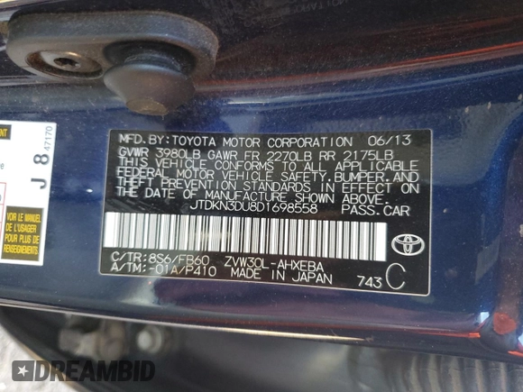 2013 Toyota Prius One with VIN JTDKN3DU8D1698558, listed as a Copart auction lot 53392615 with Not Provided miles and Salvage Title. Bid and sale history available at DreamBid. Image 14.