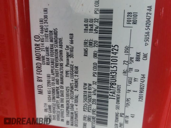 2020 Ford Mustang EcoBoost z VIN 1FATP8UH3L5101425, wystawiony jako Copart lot #56732185 z przebiegiem 169 799 mil mil oraz Szkoda całkowita • Salvage title. Historia ofert i sprzedaży dostępna na DreamBid. Obrazek 13.