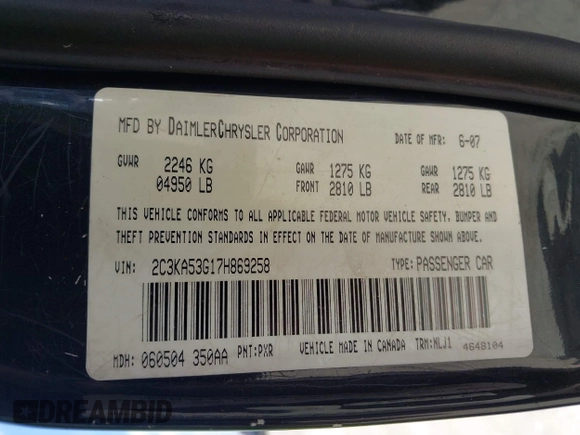 2007 Chrysler 300 Touring with VIN 2C3KA53G17H869258, listed as a IAAI auction lot 42399212 with 237,633 mi miles and . Bid and sale history available at DreamBid. Image 9.