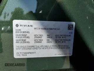 2023 Rivian R1T Adventure z VIN 7FCTGAAA9PN018171, wystawiony jako Copart lot #72593614 z przebiegiem 12 553 mil mil oraz Szkody całkowita. Historia ofert i sprzedaży dostępna na DreamBid. Obrazek 12.