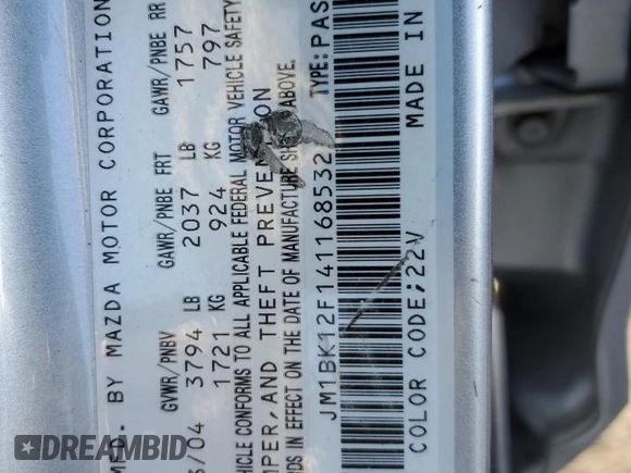 2004 Mazda 3 i with VIN JM1BK12F141168532, listed as a Copart auction lot 43964885 with 266,411 mi miles and Salvage Title. Bid and sale history available at DreamBid. Image 14.
