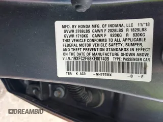 2019 Honda Civic LX with VIN 19XFC2F68KE007409, listed as a IAAI auction lot 41887406 with 57,147 mi miles and . Bid and sale history available at DreamBid. Image 9.