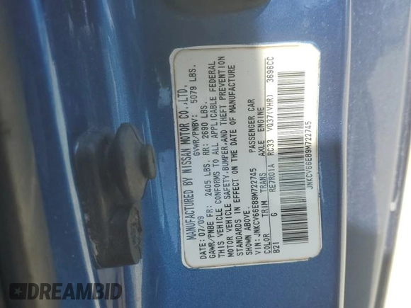 2009 Infiniti G37 with VIN JNKCV66E89M722745, listed as a Copart auction lot 52280805 with 85,787 mi miles and Salvage Title. Bid and sale history available at DreamBid. Image 12.